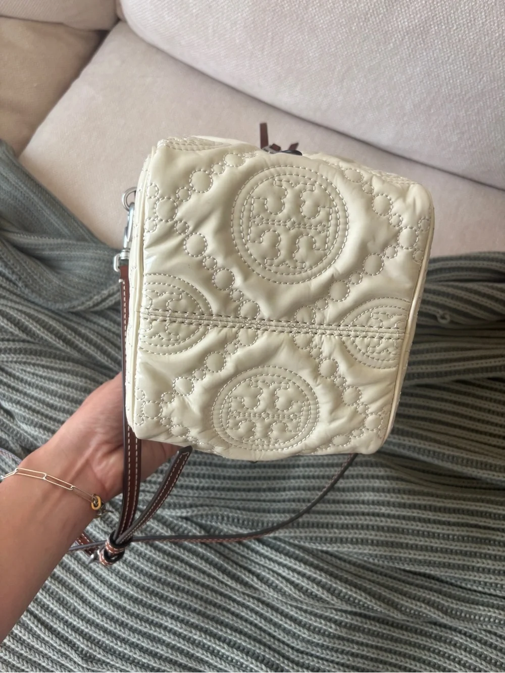 Tory Burch Cream Quilted Leather Cube bag